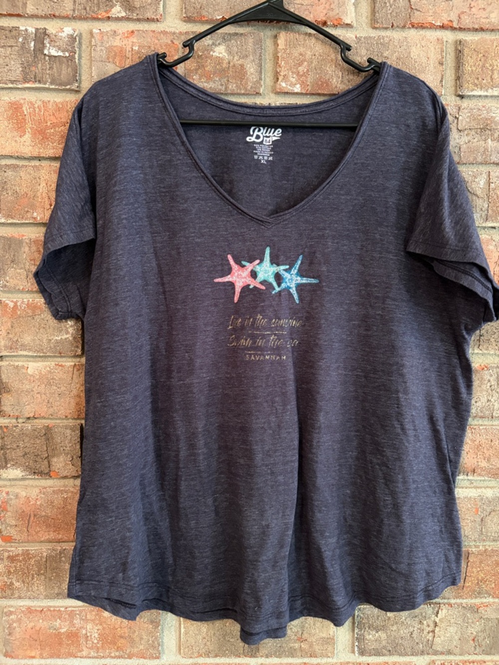 Blue 84 Navy Short Sleeve V-Neck Tee with Pink, Teal, and Light Blue Starfish